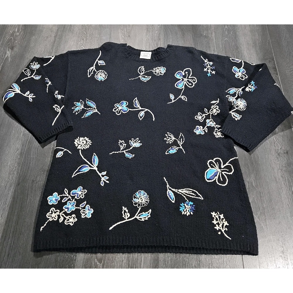 VTG Laura Ashley Hand Embroidered Jumper Women M Blue Floral 90s Boucle Artsy‎